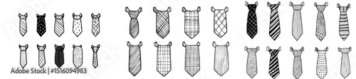 A hand drawn doodle of a necktie serves as an art icon or symbol, presented as isolated black and white clipart