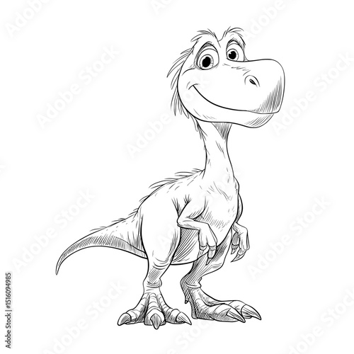 Happy velociraptor dinosaur in cartoon form is hand drawn with an outline
