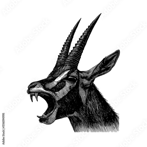 Monochrome ink is used to create a modern gazelle drawing that has the appearance of an engraving style illustration