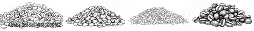 A modern hand-drawn illustration of a coffee bean pile is presented as a cafe grain sketch drawing in vintage black line art on a white background, suitable for graphic design clipart, particularly