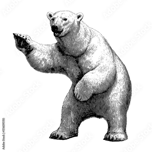 A modern illustration of a standing bear dancing and pointing with its paw, created using generative AI, is depicted in a black and white scratch board imitation engraving
