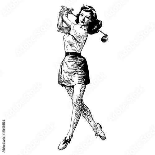 A pin-up girl is depicted in a dynamic golf swing pose, blending sport and classic style in a sketch engraving created by generative AI, featuring a fictional character in a modern illustration, with
