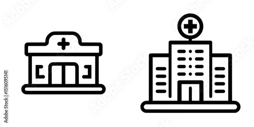 A linear style icon of a hospital is represented by a building with a cross, symbolizing a medical facility with adjustable stroke width