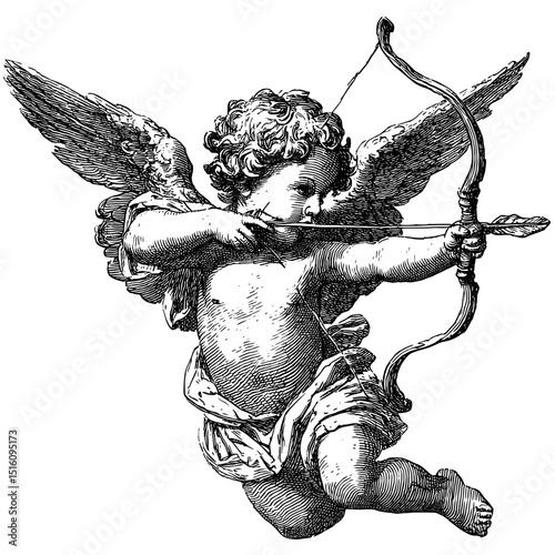 Cupid is depicted as a cherubic figure with wings, aiming a bow and arrow in a love and romance sketch engraving created by generative ai, shown as a modern illustration of the fictional character in
