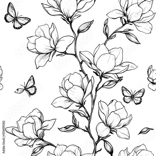 This modern seamless pattern boasts beautiful hand-drawn black and white garden flowers and butterflies, forming an endless background with spring garden plants