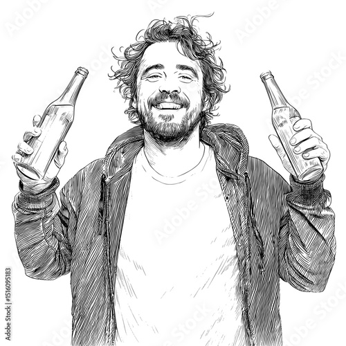 A modern illustration of a drunk man holding bottles with joy, exemplifying a celebratory atmosphere and carefree demeanor, is generated by AI in a sketch engraving style, with a scratch board