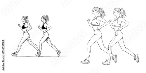 Women running in side view are showcased in a modern black and white illustration, characterized by their silhouettes, ponytails, and athletic wear