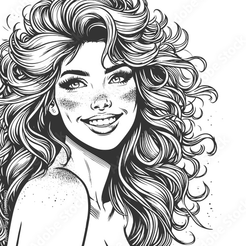 joyful woman with voluminous curly hair and freckles, capturing natural beauty and happiness sketch engraving generative ai vector illustration. Scratch board imitation. Black and white image.