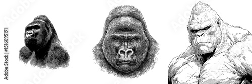 Modern drawing featuring a gorilla rendered in monochrome ink with an engraving style