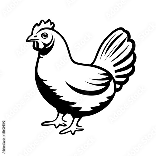 Black and white block print technique is utilized to create a hen icon, symbol, that consists of a hen illustration, outline, and silhouette