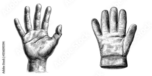 The illustration is a modern drawing of a glove created in monochrome ink sketch and engraving style