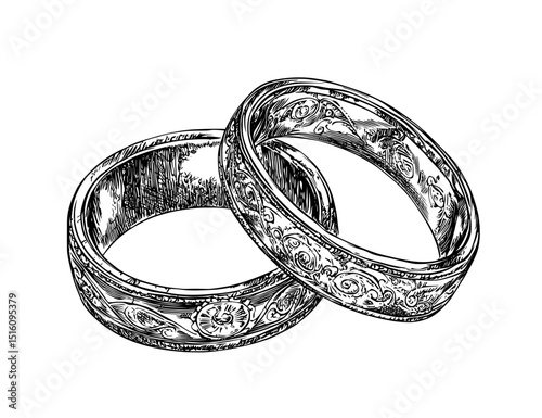 Black and white sketch style illustration of interlocking wedding rings, representing male and female symbols of love and fidelity, specifically designed for Valentines day