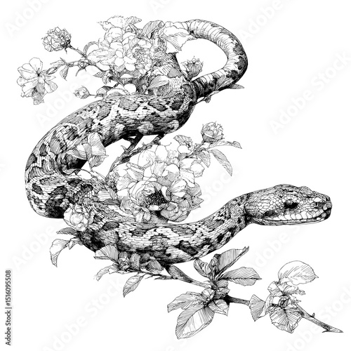 A curled-up snake is the central figure in a black and white drawing that also features flowers and leaves, creating a visually soothing and naturally beautiful scene