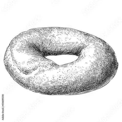 The image showcases a bagel in a modern illustration, created using hand drawn ink on a white background