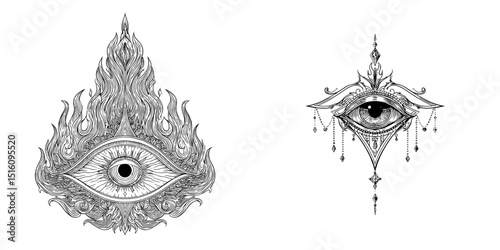 The design features an intricate black and white illustration of a mystical eye lantern surrounded by flames