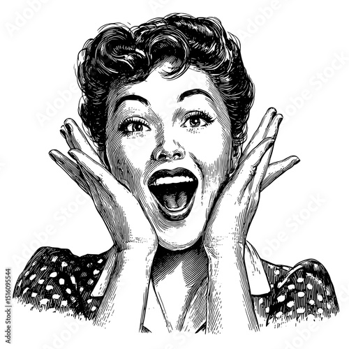 The image of an excited woman with her hands on her face is rendered in a retro and joyful style, achieved through a generative AI sketch engraving of a fictional character, presented as a modern