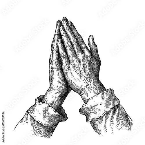 A modern illustration featuring a hand drawn praying hands engraving