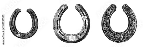 Modern hand drawn illustration of a vintage horseshoe engraving