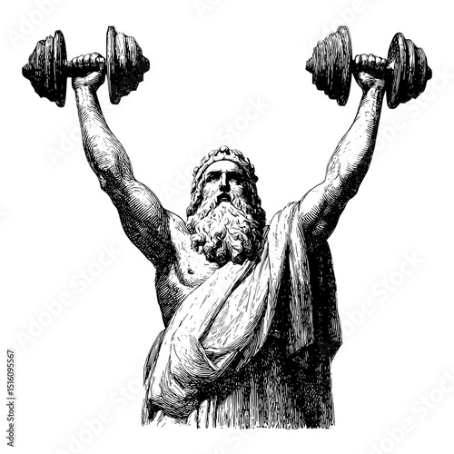 In a black and white image with a scratch board imitation, a modern illustration created by generative AI depicts an ancient Greek statue character lifting heavy dumbbells, symbolizing modern fitness