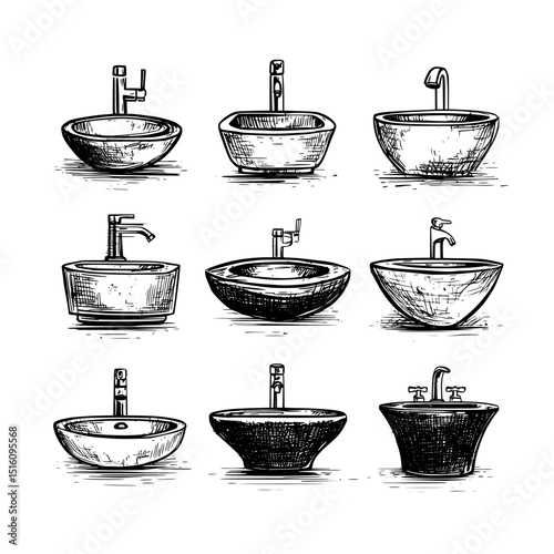 Icons of modern bath furniture include kitchen sinks and bathroom basins, which are symbolic of contemporary design, often featuring a faucet or water tap on a cabinet or countertop with a ceramic