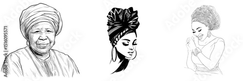An African woman wearing a turban in a black and white engraved outline
