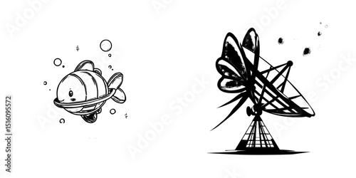 Fototapeta Naklejka Na Ścianę i Meble -  A space station is depicted in a stylized modern illustration, characterized by clean lines and geometric shapes, set against a white background