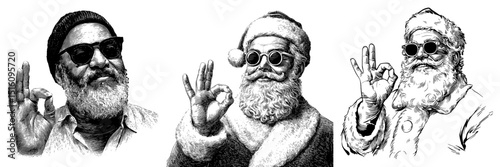 Santa Claus is depicted in a modern illustration, wearing cool sunglasses and throwing an OK hand sign, radiating holiday cheer and a relaxed vibe, all generated by AI in a fictional character