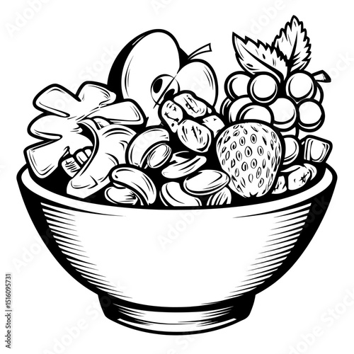 The concept of breakfast is depicted in a black and white granola illustration