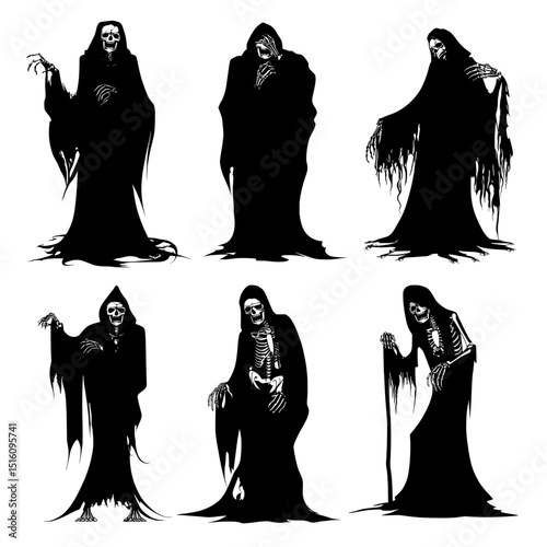 A set of modern silhouette illustrations features hooded skeletons with unsettling expressions, perfect for Halloween and horror themes