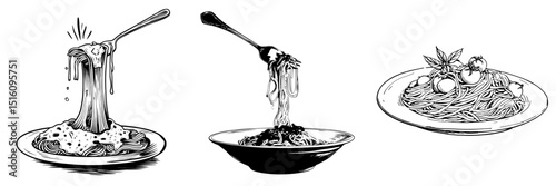 A black and white illustration of spaghetti represents a pasta concept