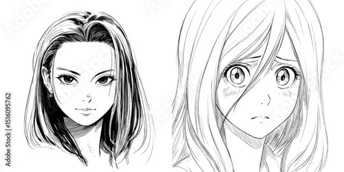 A modern manga-style portrait features a young woman with long hair and large eyes, rendered in black comic ink and set against a monochrome background