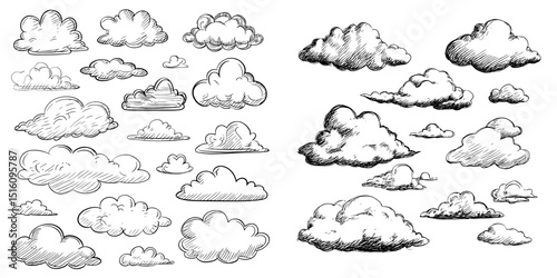 A modern hand-drawn sketch featuring an assortment of clouds in a unique illustration