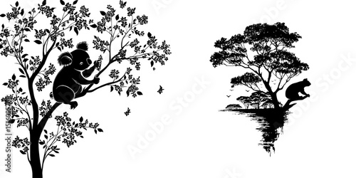A modern silhouette illustration features a koala clinging to a tree