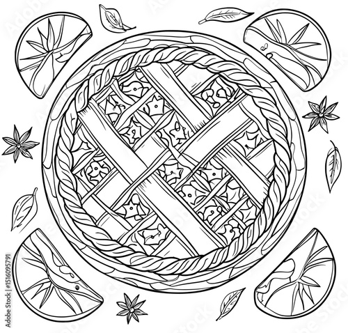 An overhead view of a traditional round apple pie is showcased in an autumn-themed composition featuring apples and star anise, created in a contemporary hand-drawn sketch style, with isolated line