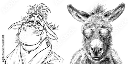 Image of an amusing cartoon donkey in sunglasses, isolated from the background