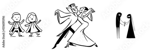 A pair of dancers, attired as vampires, perform in a disco club during a Halloween party, depicted in monochrome, using a simple, minimalistic, modern black ink drawing style on a transparent