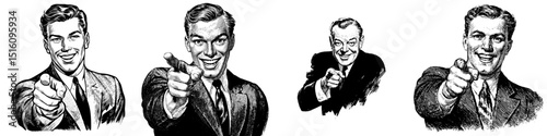 A businessman in a suit is depicted with a finger pointed forward and a smile, showcasing a classic retro style and assertive attitude in a sketch engraving created by generative AI, featuring a