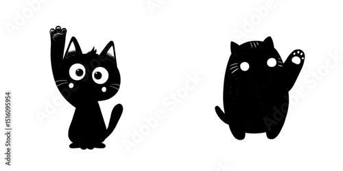 The set features a black cat, a waving hand, a pink paw print, an upside-down face, and a cute cartoon kawaii character that is both funny and sad, presented as a pet baby animal in a childish flat