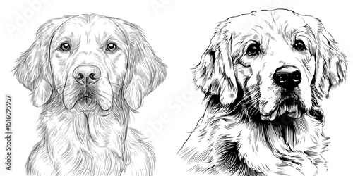 Modern illustration of a golden retriever dog face with an outline art background design
