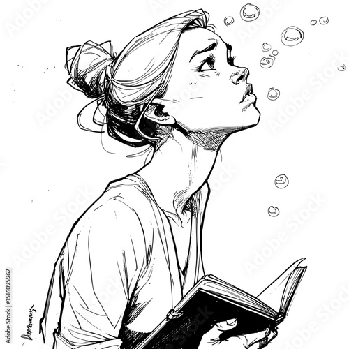 A detailed illustration shows a young woman wearing a bun, engaged in writing in a notebook as hanging bubbles float above her