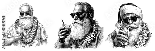A modern illustration of Santa Claus in a tropical setting is generated by AI, featuring the character sipping a cocktail, wearing sunglasses and a lei, in a black and white scratch board imitation
