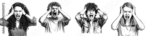 A distressed individual is depicted screaming with their hands clasped over their head in a black and white modern drawing created using generative AI