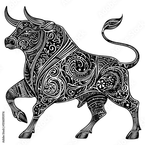Vintage-Style Black and White Illustration of a Raging Bull with a Modern Twist and Hand-Drawn Woodcut Engraved Accents
