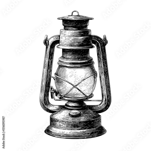 The illustration features a hand-drawn vintage lantern, rendered in a woodcut style with a modern black and white aesthetic
