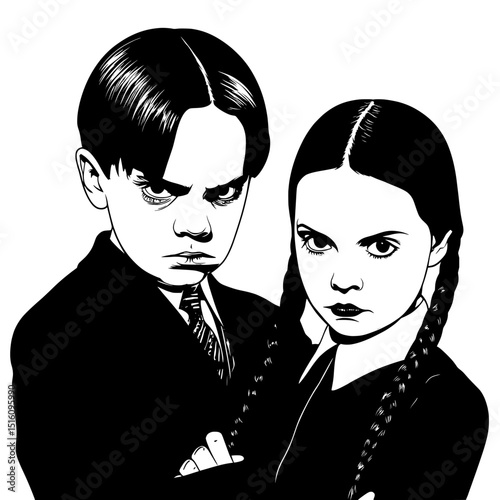 Black and white artwork features a young boy and girl who both have serious expressions