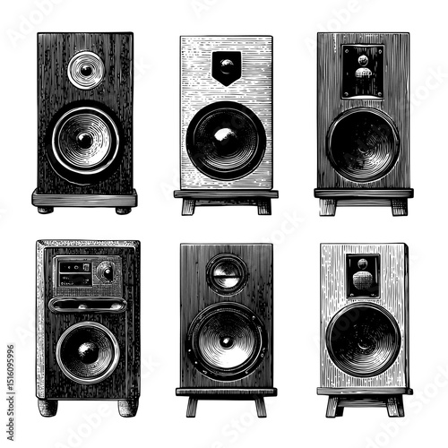 A hand-drawn set of speakers is depicted in a modern black and white woodcut style illustration