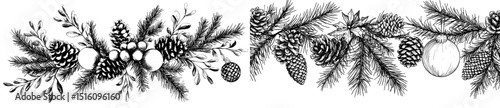 A contemporary assortment of Christmas flora is set against a white backdrop, comprising a hand-drawn compilation of coniferous branches, including holly and mistletoe accompanied by pine cones,