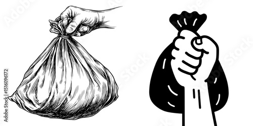 A monochrome illustration on a white background depicts a hand grasping a trash bag, created using modern and generative AI techniques