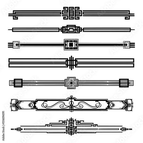 Vintage art deco dividers with geometric line ornaments, along with modern frames and elegant line ornaments, provide various options for borders or decoration elements in an art deco style
