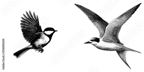 The image is a modern representation of a bird flying over a lake, created in a modern illustration style with a scratch board imitation and engraved sketch effect, in black and white